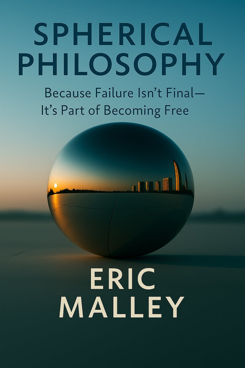 Book cover of 'Spherical Philosophy' by Eric Malley with a reflective sphere and cityscape.